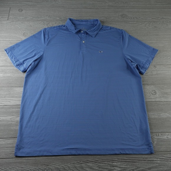 Vineyard Vines Polo Shirt Mens 2XL XXL Blue Striped Whale Logo Golf Performance - Picture 2 of 7